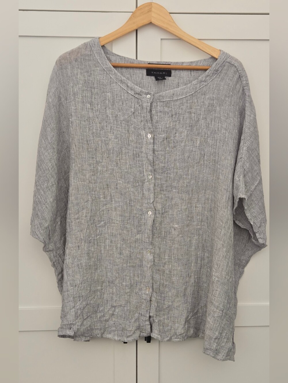 Tahari Grey 100%  Linen Button Tunic Dolman Oversized Boxy Blouse Lagenlook XL